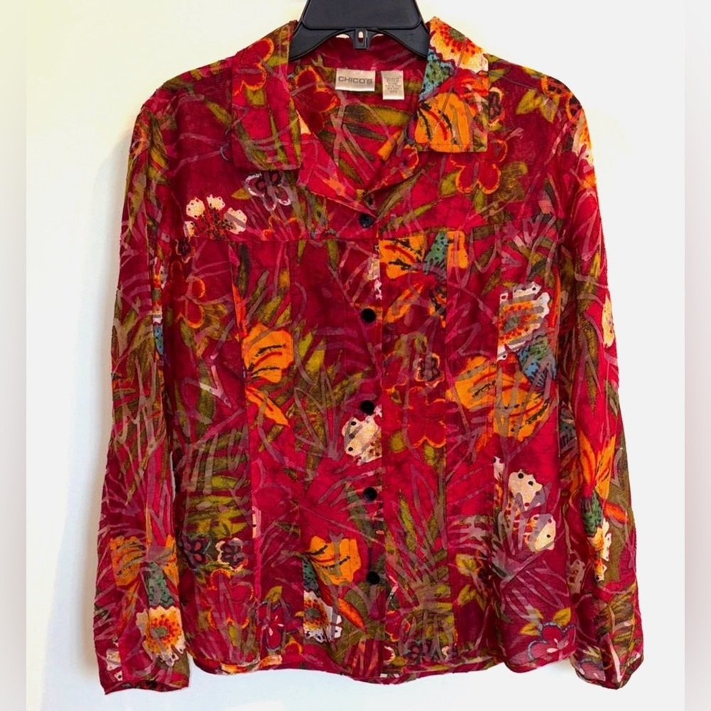 Chico’s Burnout Floral Button Front Blouse Size 2 L Sheer Red Multicolor